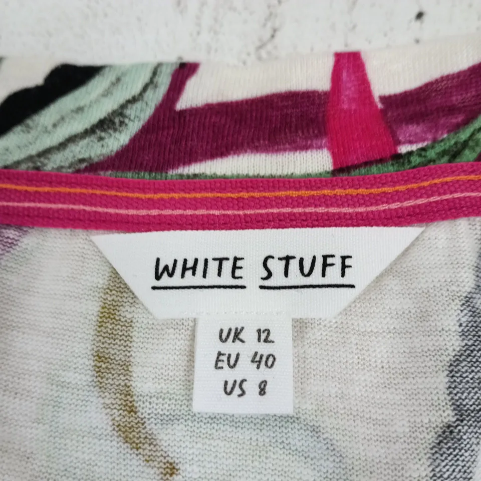 WHITE STUFF SUZIE PRINTED V NECK LINEN TEE SIZE 12