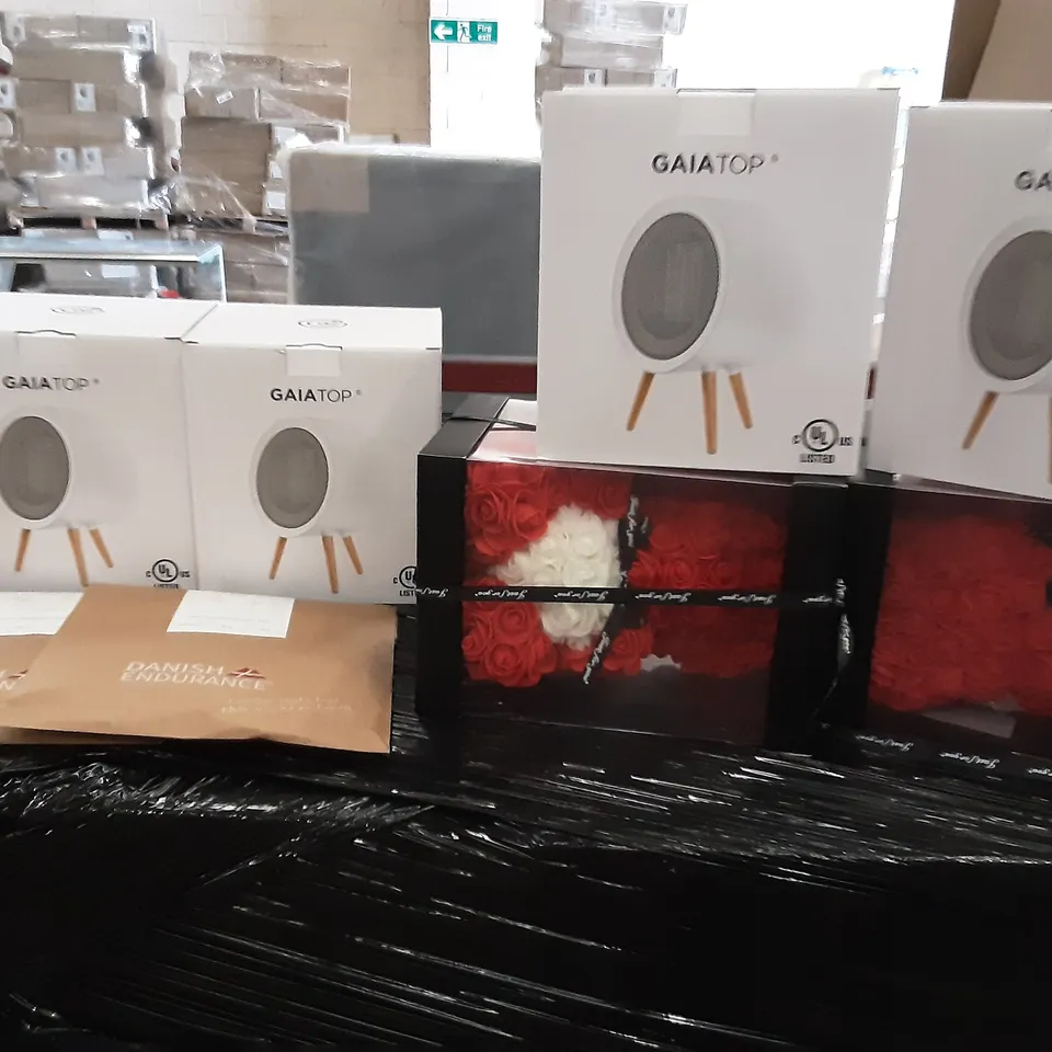 PALLET OF ASSORTED PRODUCTS INCLUDING GAIATOP PERSONAL HEATER, DANISH ENDURANCE T-SHIRT, ROSE BEAR GIFT