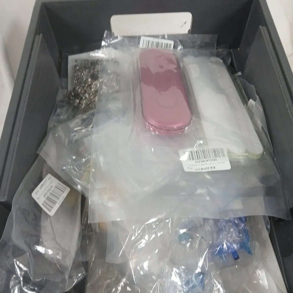 BOX OF APPROXIMATELY 15 ASSORTED HOUSEHOLD ITEMS TO INCLUDE CAR DECORATION STICKERS, EMBROIDERY KIT AND A MATHEMATICAL DRAWING INSTRUMENT