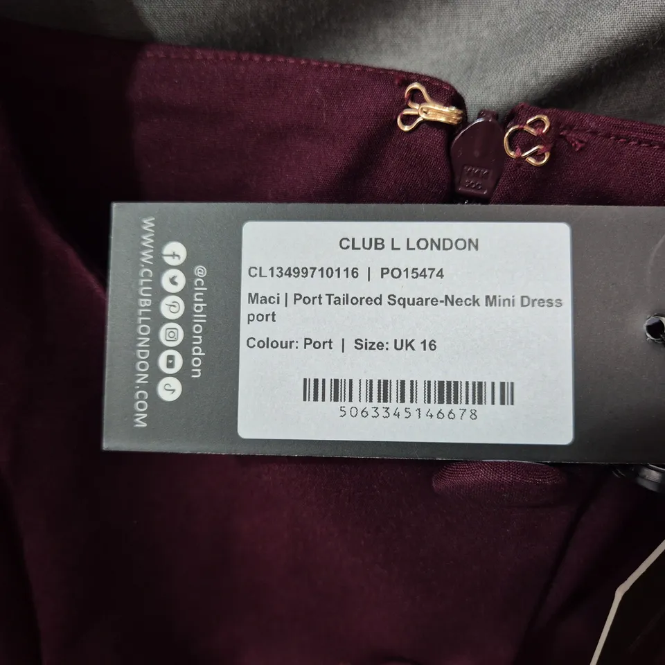 CLUB L LONDON MACI PORT TAILORED SQUARE-NECK MINI DRESS – UK 16