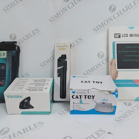 BOX OF APPROX 25 ASSORTED ITEMS TO INCLUDE - 10' LCD WRITING TABLE - CAT TOY - VASSINK VERTICAL WIRELESS MOUSE ECT