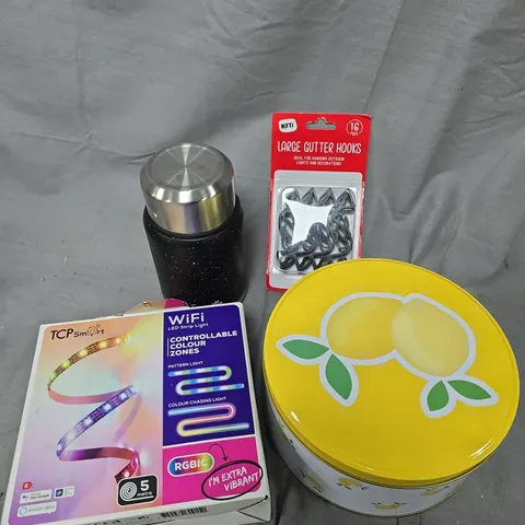 APPROXIMATELY 15 ASSORTED HOUSEHOLD PRODUCTS TO INCLUDE GUTTER HOOKS, LED STRIP LIGHTS, STORAGE TIN ETC 