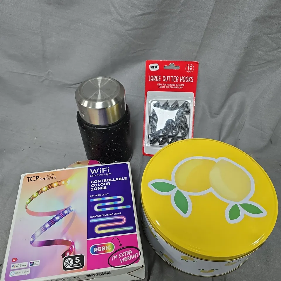 APPROXIMATELY 15 ASSORTED HOUSEHOLD PRODUCTS TO INCLUDE GUTTER HOOKS, LED STRIP LIGHTS, STORAGE TIN ETC 