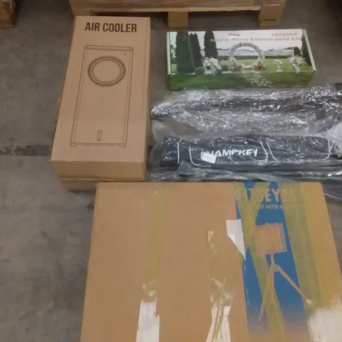 PALLET OF ASSORTED ITEMS INCLUDING FITUEYES TV STAND WITH MOUNT, AIR COOLER, LANGXUN ROUND METAL BALLOON ARCH KIT, WOLFWISE, BERSSEN AIR CIRCULATION FAN, FOLDING TABLE