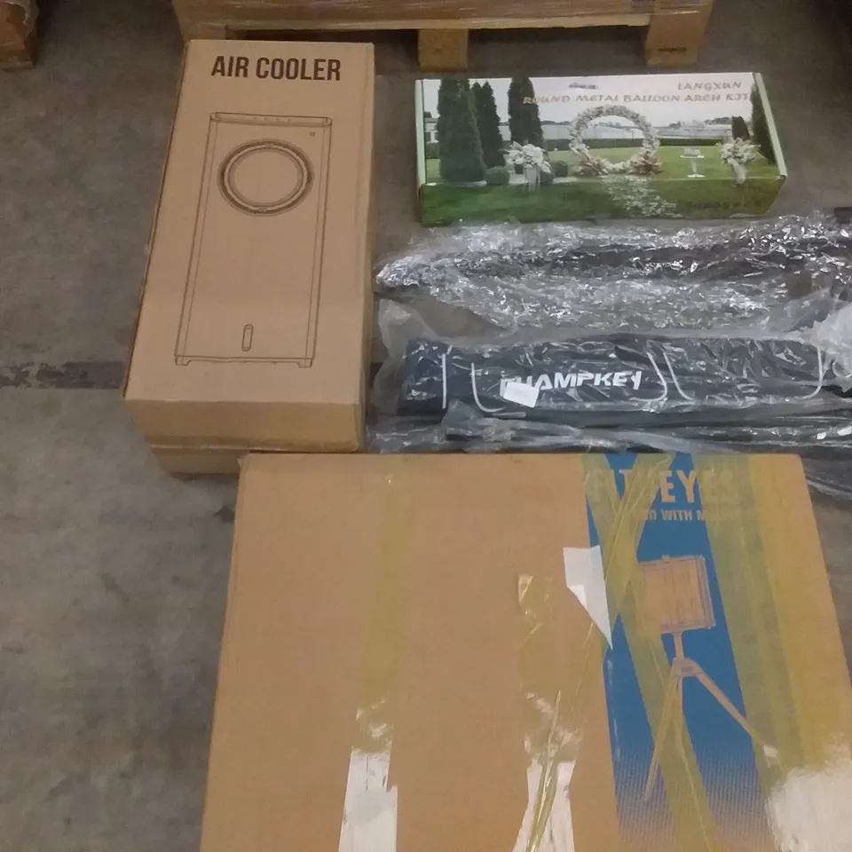 PALLET OF ASSORTED ITEMS INCLUDING FITUEYES TV STAND WITH MOUNT, AIR COOLER, LANGXUN ROUND METAL BALLOON ARCH KIT, WOLFWISE, BERSSEN AIR CIRCULATION FAN, FOLDING TABLE 