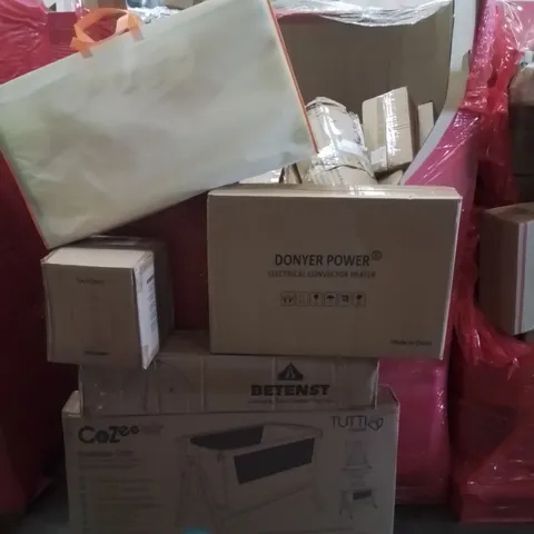 PALLET CONTAINING VARIOUS ASSORTED BOXED HOUSEHOLD ITEMS TO INCLUDE: BEDSIDE CRIB, CAMPING TENT, CONVECTOR HEATER, TRASH BIN, PLAYMAT, BABYS ACTIVITY CUBE AND LOTS MORE UNMARKED BOXED ITEMS 