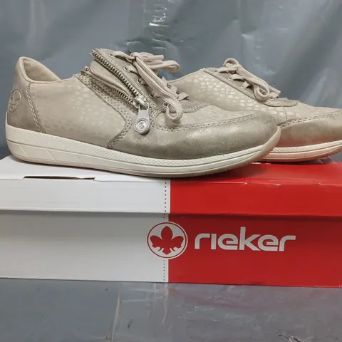BOXED PAIR OF RIEKER PANEL TRAINERS IN TAUPE SIZE 5