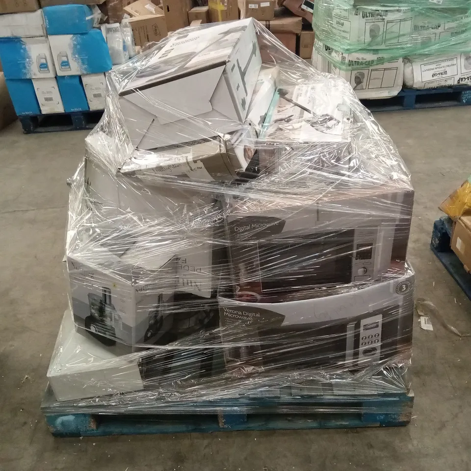 PALLET OF ASSORTED ELECTRIC KITCHEN APPLIANCES AND HOUSEHOLD ELECTRIC GOODS TO INCLUDE; MICROWAVES, GRINDER, KETTLE, TOASTER, FANS, VACUUM CLEANERS, FOOD PROCESSOR ETC