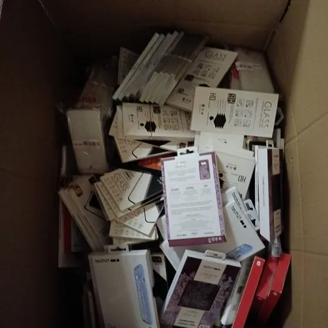 BOX OF APPROXIMATELY 200 ASSORTED PHONE CASES AND SCREEN PROTECTORS TO INCLUDE: IPHONE 7 CASE AND GALAXY S10E CASE