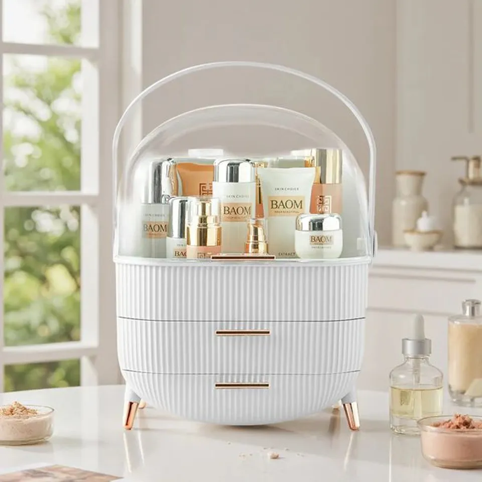SHEONLY WHITE MAKEUP STORAGE ORGANIZER BOX WITH DRAWERS AND HANDLE