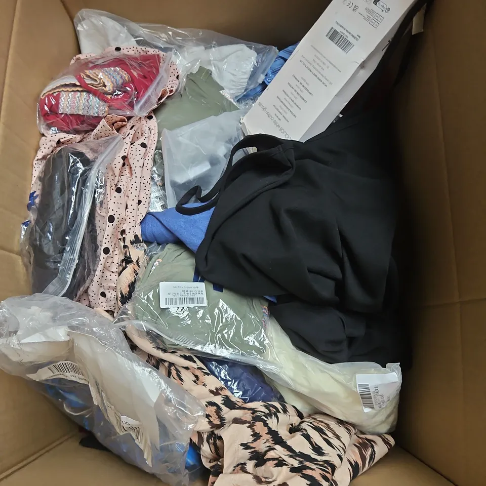 BOX OF APPROXIMATELY 20 ASSORTED CLOTHING ITEMS TO INCLUDE SHORTS, SHIRT, TOPS, ETC