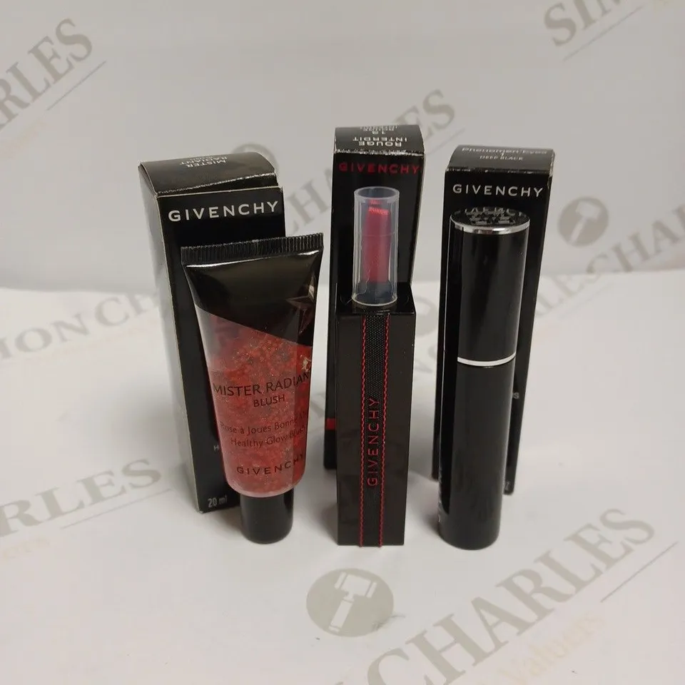 APPROXIMATELY 14 ASSORTED GIVENCHY BEAUTY PRODUCTS TO INCLUDE PHENOMEN' EYES MASCARA, MISTER RADIANT BLUSH, AND ROUGE INTERDIT SATIN LIPSTICK 