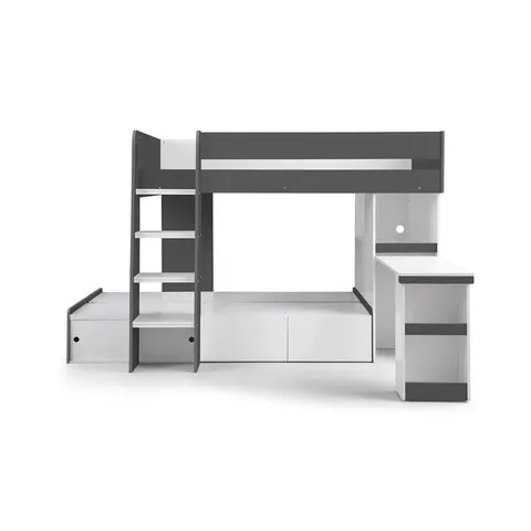 BOXED THIRZA SINGLE STANDARD BUNK BED WITH BUILT-IN DESK - CHARCOAL AND WHITE (5 BOXES)