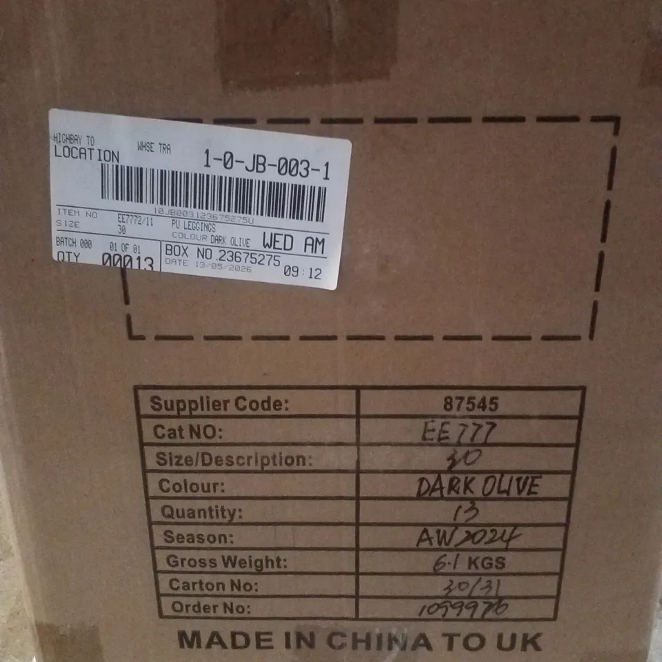 BOX CONTAINING APPROXIMATELY 13 BRAND NEW JD WILLIAMS CARK OLIVE PU LEGGINGS - SIZE 30