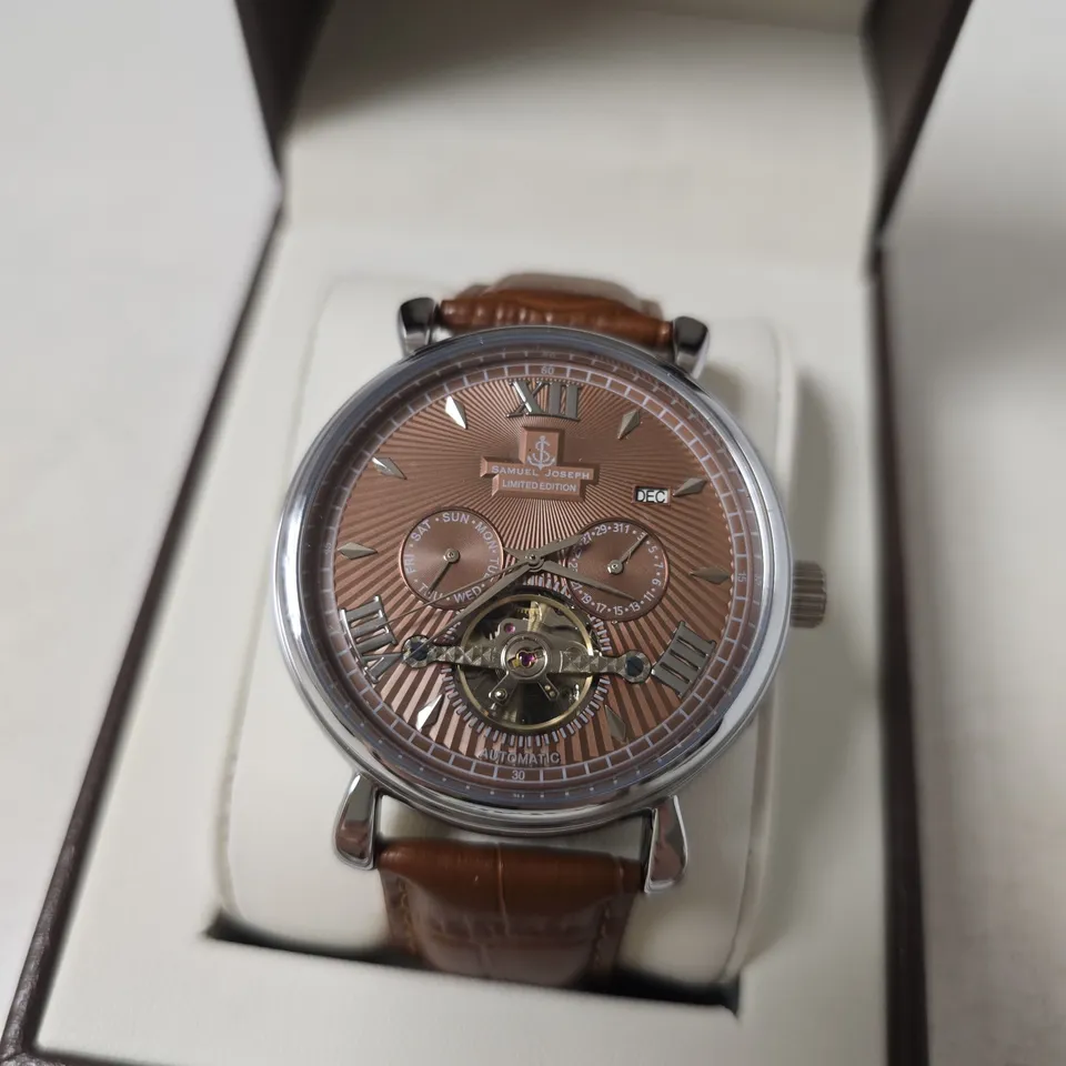 BOXED SAMUEL JOSEPH AUTOMATIC LIMITED EDITION SILVER WATCH WITH BROWN FACE