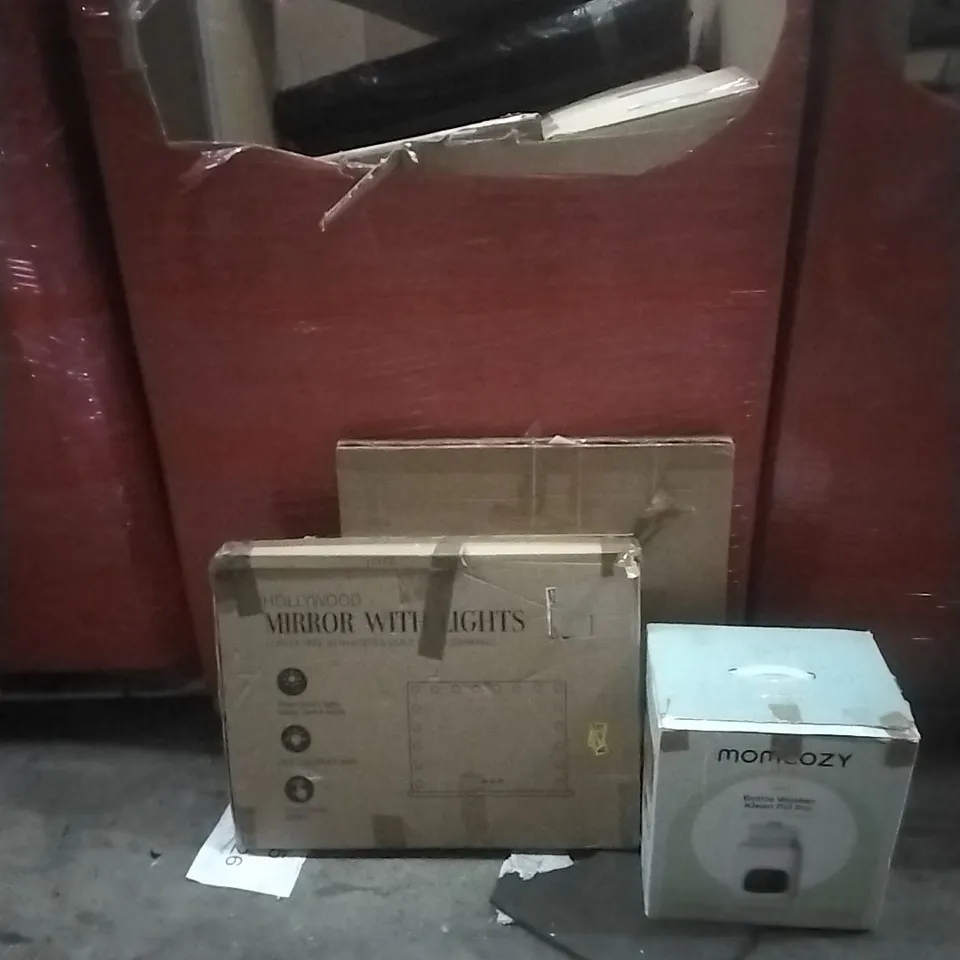 PALLET OF ASSORTED HOUSEHOLD GOODS AND PRODUCTS TO INCLUDE; MIRROR WITH LIGHTS, BOTTLE WASHER, BOXED FURNITURE ETC