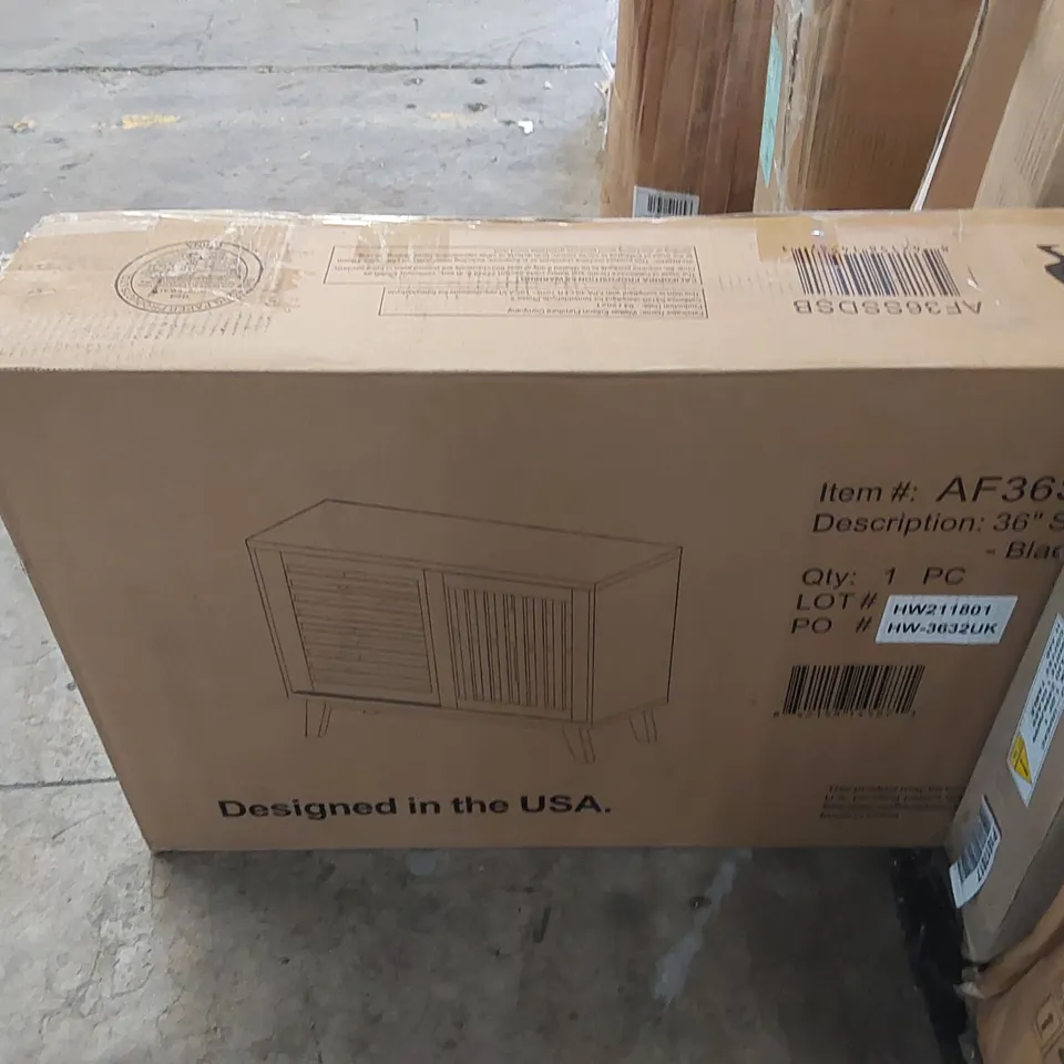 BOXED WALKER EDISON 36" SLAT DOOR ACCENT CONSOLE UNIT - BLACK/DARK WALNUT (1 BOX)