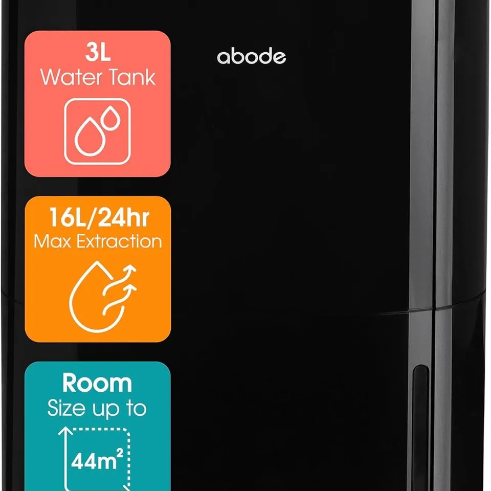 BOXED ABODE DEHUMIDIFIER 16 LITRE/DAY WITH DIGITAL DISPLAY FOR DAMP, MOULD & MOISTURE IN HOME, KITCHEN, BEDROOM, OFFICE, CARAVAN, LAUNDRY DRYING, 44M2 ROOM COVERAGE, SMART TIMER, BLACK ADH1601B