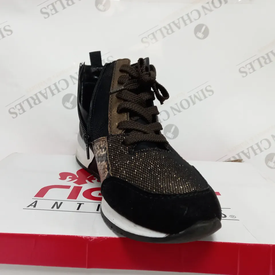 BOXED PAIR OF RIEKER HIGH TOP MIX MATERIAL TRAINER BOOTS IN BLACK UK SIZE 6