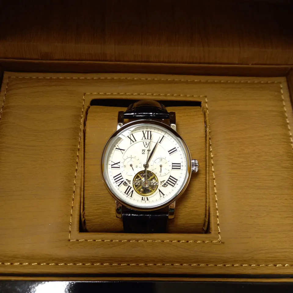 WILLIAM JOURDAIN PART SKELETON WAVE DIAL BLACK LEATHER STRAP WATCH