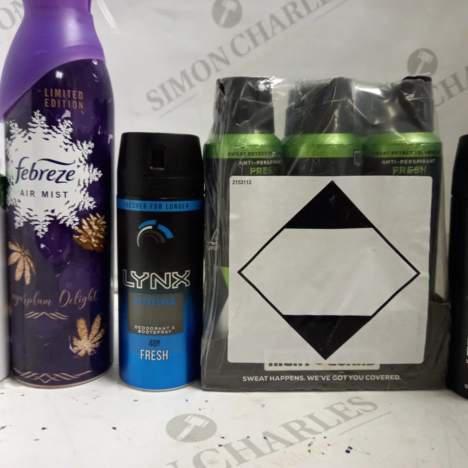 BOX OF APPROX 10 ASSORTED AEROSOLS INCLUDING FEBREEZE AIR MIST, SIMPLE ANTI PERSPIRANT, LYNX FRESH - COLLECTION ONLY