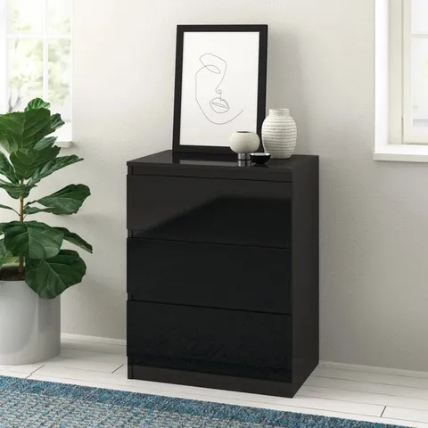 BOXED CARLTON 3 DRAWER CHEST OF DRAWERS: 60cm WIDE. HIGH GLOSS FRONT - BLACK GLOSS (1 BOX)