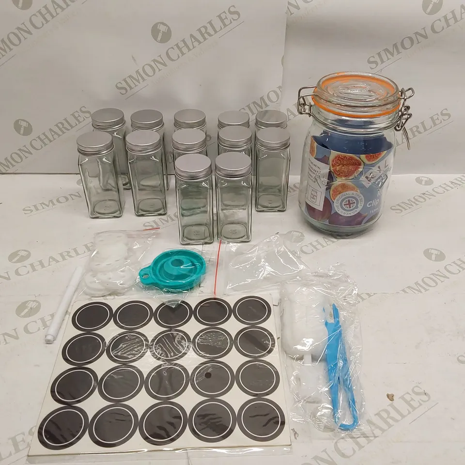 BOXED BRAND NEW KILNER ROUND CLIP TOP 1 LITRE JAR AND 12PCS GLASS SPICE JAR SET WITH CLEANING TOOLS