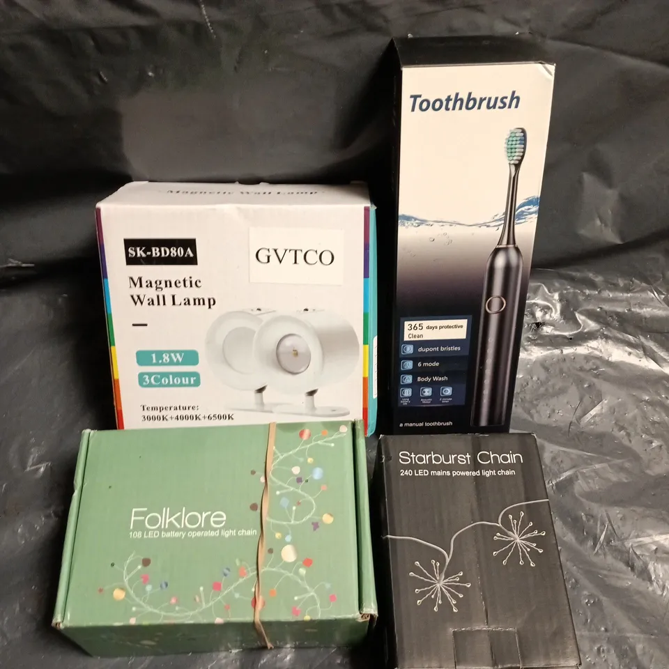 APPROXIMATELY 8 ASSORTED ELECTRICAL PRODUCTS TO INCLUDE TOOTHBRUSH, WALL LAMP, STARBURST CHAIN ETC 