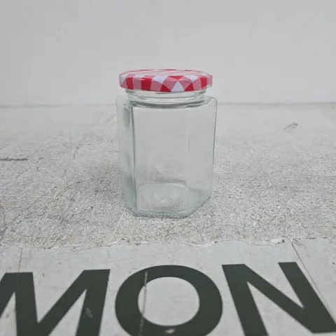 SET OF 12 HEXAGONAL JAM JARS WITH RED/WHITE LIDS