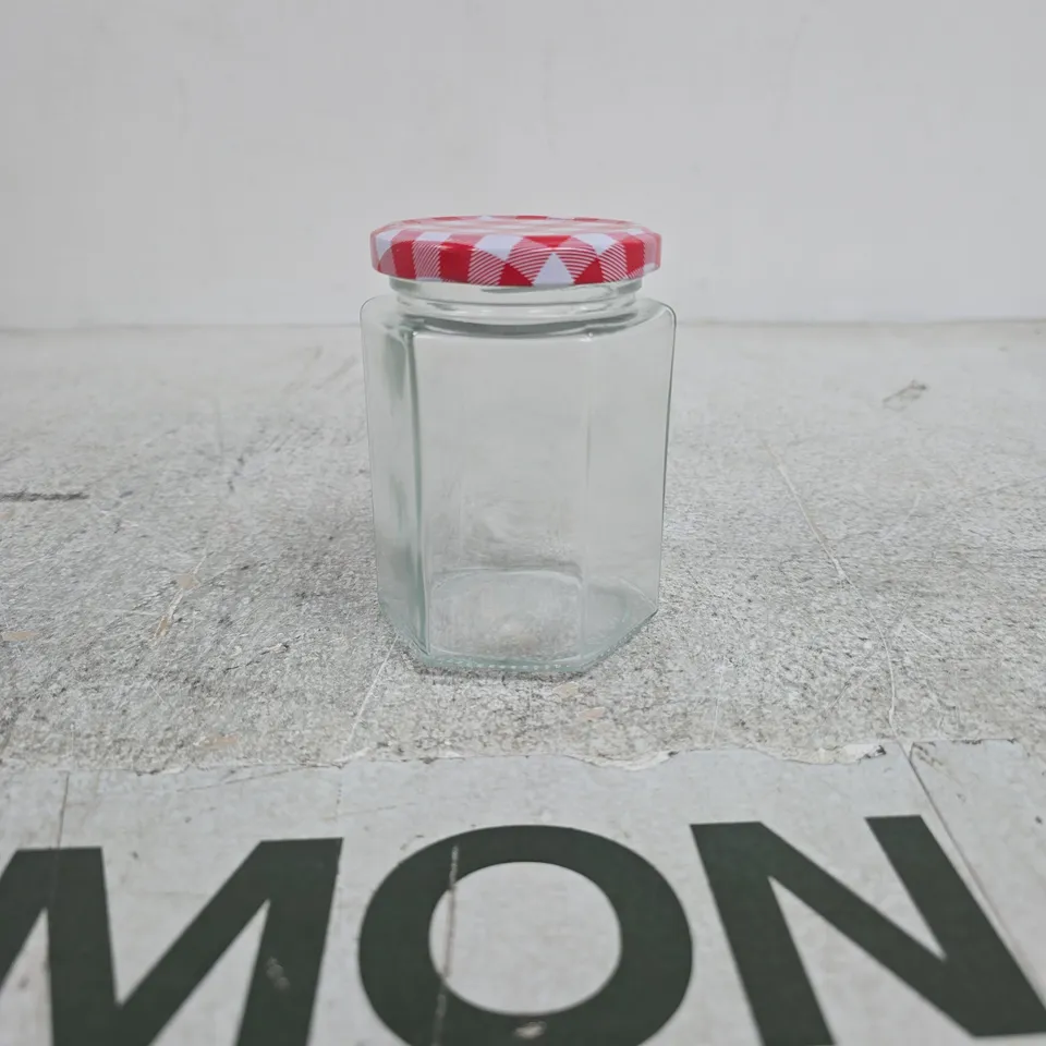 SET OF 12 HEXAGONAL JAM JARS WITH RED/WHITE LIDS