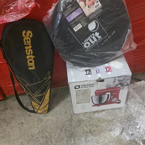 PALLET OF ASSORTED HOUSEHOLD GOODS AND PRODUCTS TO INCLUDE;STAND MIXER,SPORTS RACKETS,POPUP BLINDS