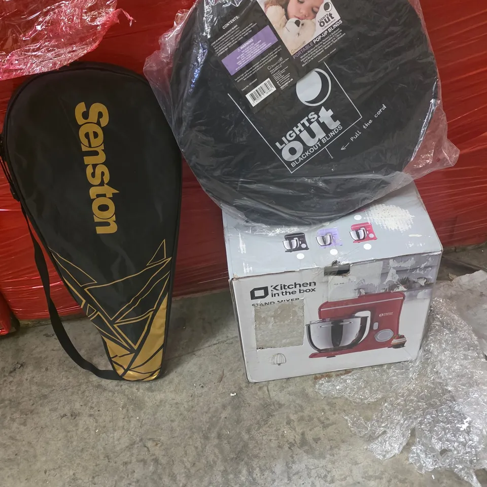 PALLET OF ASSORTED HOUSEHOLD GOODS AND PRODUCTS TO INCLUDE;STAND MIXER,SPORTS RACKETS,POPUP BLINDS