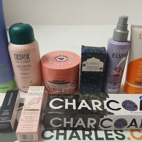 APPROX 12 ASSORTED BEAUTY PRODUCTS TO INCLUDE GIVE ME CONDITIONER, COCO&EVE CONDITIONER, SOAP&GLORY BODY BUTTER, ETC 