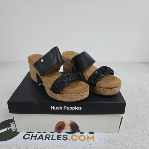 HUSH PUPPIES POPPY RUCHED SLIDERS BOLD BLACK LEATHER SIZE 7 BOXED