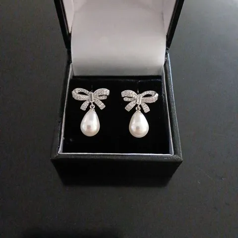 DIAMONIQUE 0.5CT TW BOW & PEARL EARRINGS STERLING SILVER