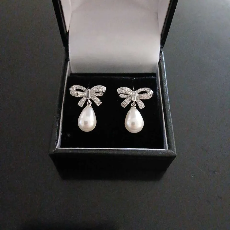 DIAMONIQUE 0.5CT TW BOW & PEARL EARRINGS STERLING SILVER