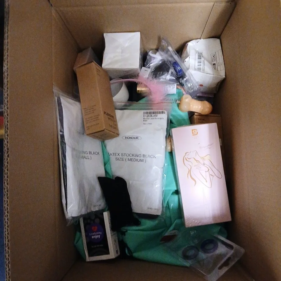 BOX OF APPROXIMATELY 30 ASSORTED ADULT SEX TOYS AND ACCESSORIES INCLUDING LATEX STOCKINGS , STUD 100 DESENSITISING SPRAY FOR MEN AND DUREX INTENSE LITTLE DEVIL RING 