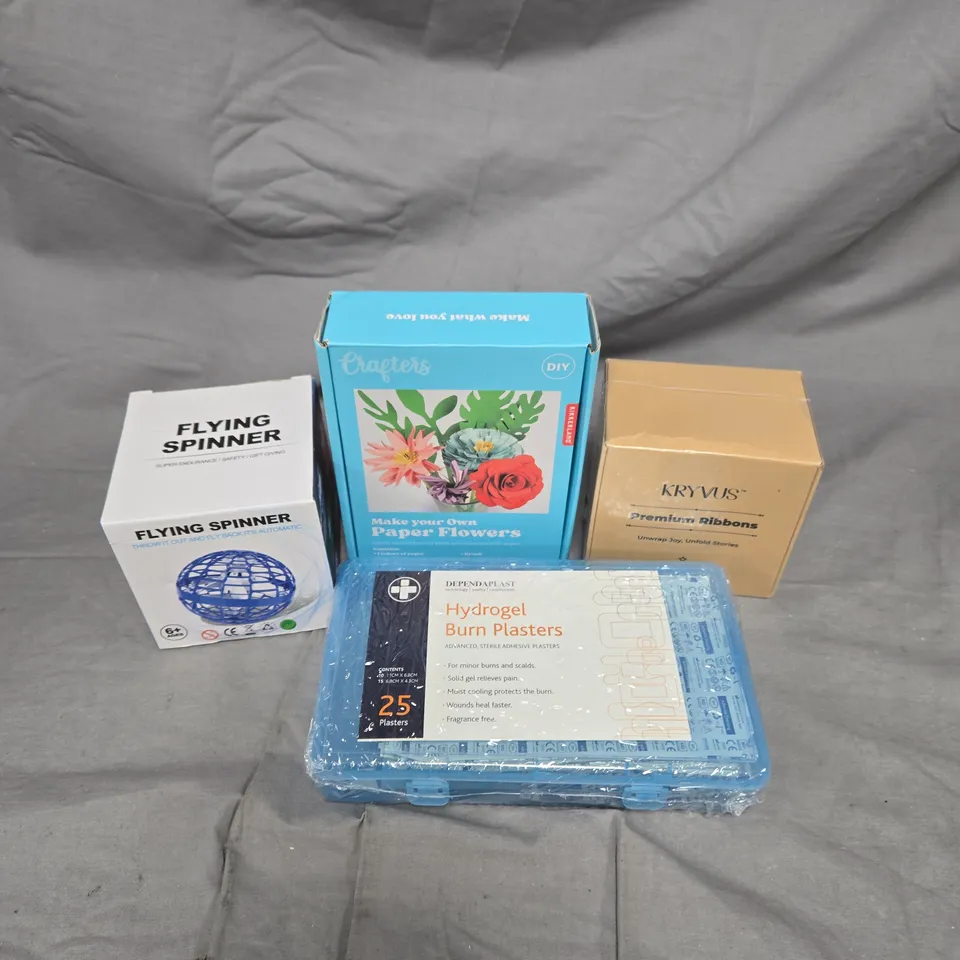 APPROXIMATELY 10 ASSORTED HOUSEHOLD ITEMS TO INCLUDE MAKE YOUR OWN FLOWERS, PREMIUM RIBBONS AND HYDROGEL BURN PLASTERS