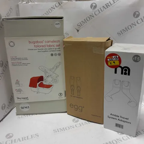 APPROXIMATELY 8 BABY PRODUCTS TO INCLUDE AMBLE TRAVEL SYSTEM ADAPTORS, EGG CAR SEAT ADAPTORS, BUGALOO CAMELEON TAILORED FABRIC SET, ETC