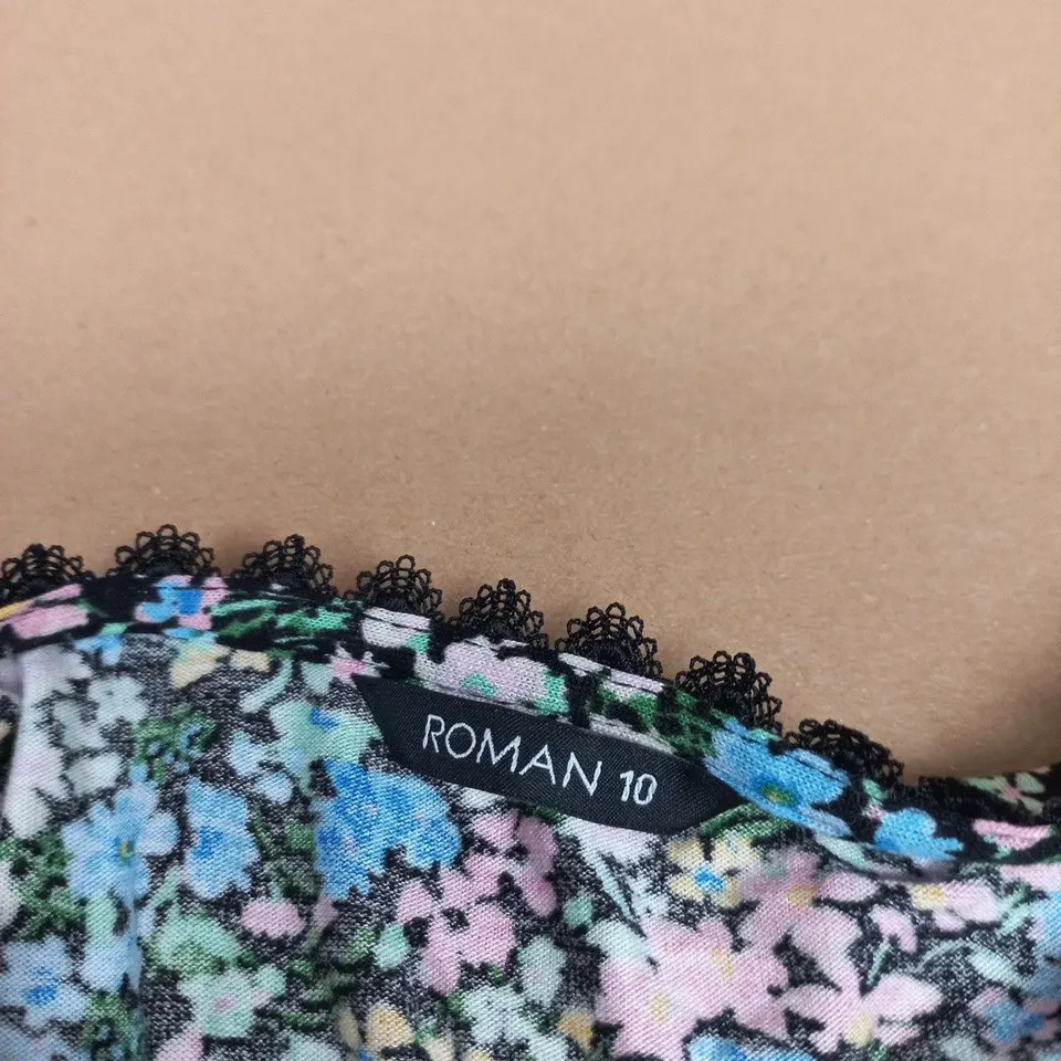ROMAN FLORAL PRINT DRESS, UK SIZE 10, SHORT SLEEVES, V-NECK WITH LACE TRIM