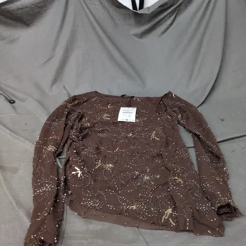 ZARA BROWN SEQUIN-EMBELLISHED TOP, WOMEN'S, SIZE M