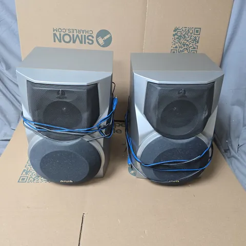 PAIR OF GREY AIWA BOOKSHELF SPEAKERS WITH BLUE CABLES - UNBOXED 
