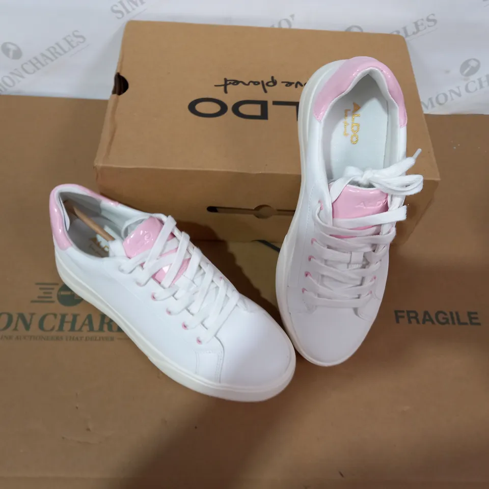 BOXED PAIR OF ALDO WHITE/PINK TRAINERS SIZE 7