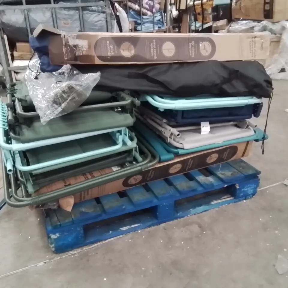 PALLET CONTAINING X3 GARDEN PARASOLS,APPROXIMATELY 6 SUN LOUNGERS,5 CAMPING CHAIRS 