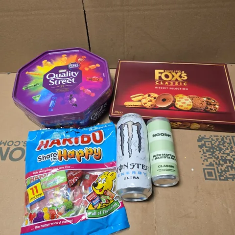 APPROXIMATELY 10 ASSORTED FOOD/DRINK PRODUCTS TO INCLUDE QUALITY STREET, FOX'S BISCUITS, HARIBO ETC 