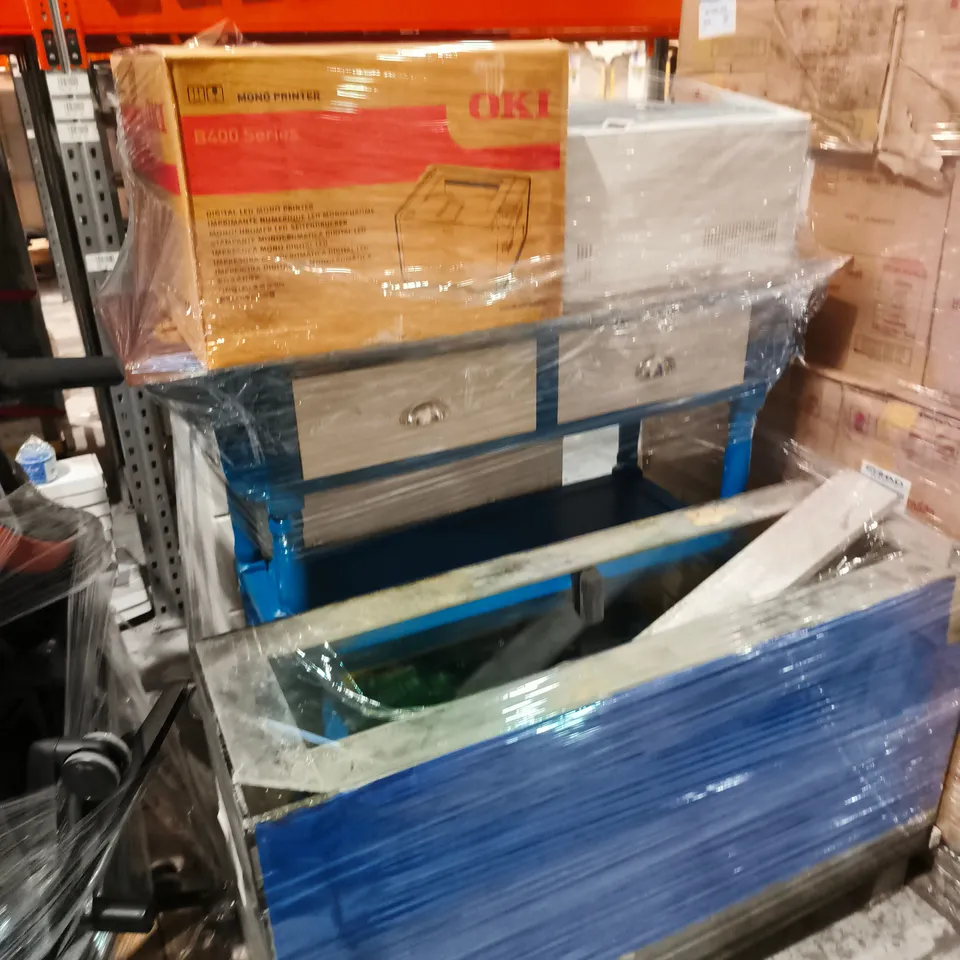 PALLET OF ASSORTED ITEMS INCLUDING FISH TANK , OKI MONO PRINTER AND WHITE CHEST OF DRAWERS 