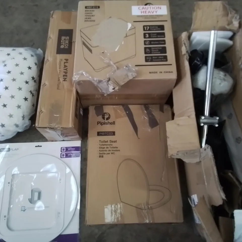 PALLET OF ASSORTED HOUSEHOLD ITEMS TO INCLUDE PETROL BRUSH CUTTER, PLAY PEN AND BREAD MAKER