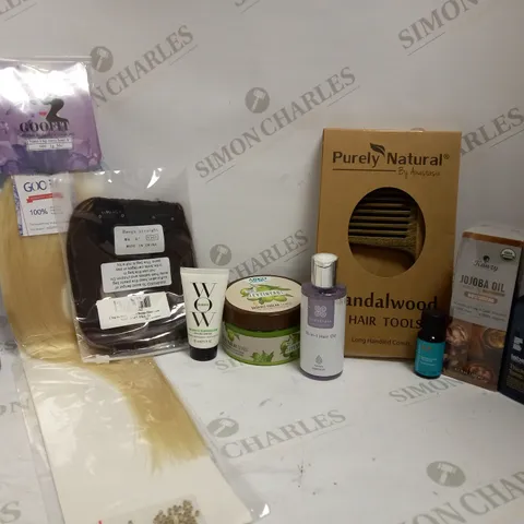 LOT OF APPROX 9 TO INCLUDE SANDALWOOD HAIR TOOL , HAIR EXTENSIONS , CARRIER OIL , ETC