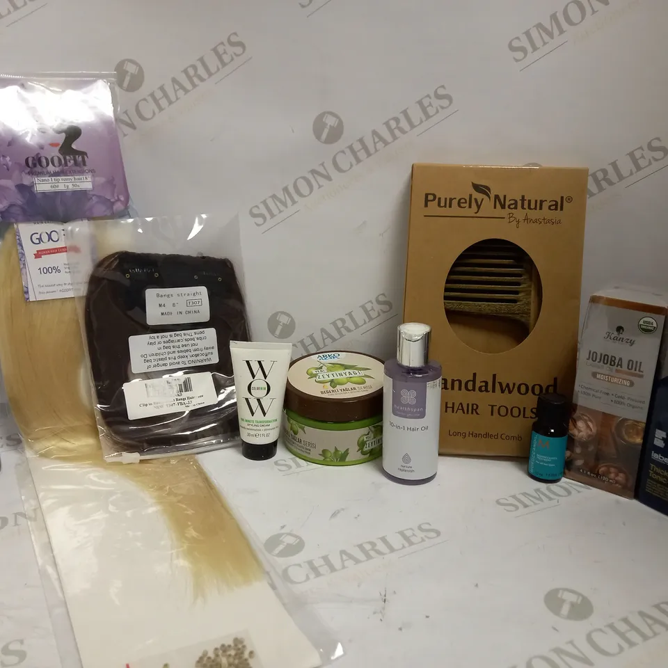 LOT OF APPROX 9 TO INCLUDE SANDALWOOD HAIR TOOL , HAIR EXTENSIONS , CARRIER OIL , ETC