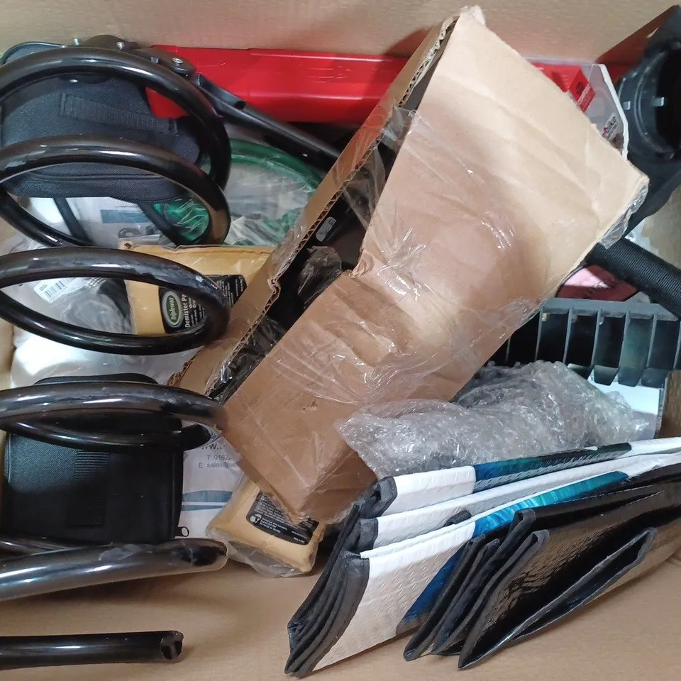 BOX OF APPROXIMATELY 15 ASSORTED CAR AND VEHICLE PARTS AND ITEMS TO INCLUDE TRU-TENSION MOTORCYCLE GRIME GUARD, BOSCH H306 REAR WIPER, ODI LONGNECK V2.1 LOCK-ON GRIP SYSTEM, ETC